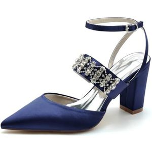 GHSIRUEU Slingback Strass Hakken Voor Dames Gesloten Pompen Met Puntige Neus Enkelbandje Satijnen Trouwjurk Schoenen,Marine,36 EU