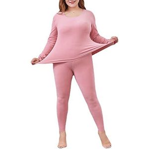 Thermo-ondergoed Voor Dames, Thermisch Ondergoed, Ultrazachte Warme Ronde Hals Lange Mouwen Hoge Taille Naadloos Grote Maat Slanke Top En Broek Pak (Pink,4XL)