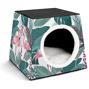 Bedrukte Kattenhuis Kattenmand Schattig Huisdier Puppy Huis Opvouwbaar Kubusvorm met Antislip Bodem Flamingo tropische bladeren