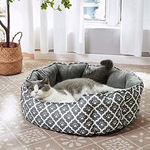 LUCKITTY 25 inch groot kattenbed, zacht fluweel en waterdicht Oxford tweezijdig kussen, gemakkelijk wasbaar, ovale geometrische huisdierbedden voor binnenkatten of kleine honden, grijs hondenvoetafdrukken patroon