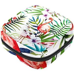Maandverband Opbergtas, Vrouwelijke Product Pouches Draagbare Periode Kit Tas voor Meisjes Vrouwen Dames Tropische Witte Blad Flamingo, Meerkleurig, 4.7x6.6x6.6 in/12x17x17 cm