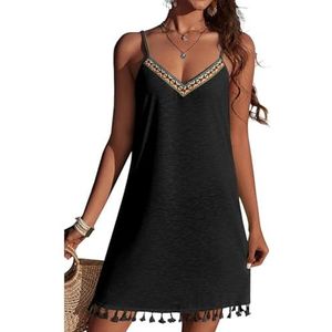 MeeQee Strandjurk voor dames, zomerjurk, strandtuniek, kort, bikini-cover-up, V-hals, strandponcho, mouwloos, badmode, badpak,, zwart, M