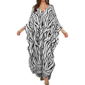 LikeJump Kaftan voor dames, katoen, print, kimono, bedekkende losse strandjurk, maxi-jurk, Zwart Wit, one size