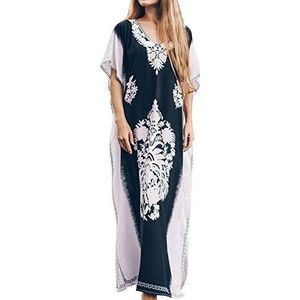 LikeJump Kaftan voor dames, katoen, print, kimono, bedekkende losse strandjurk, maxi-jurk, Zwart Wit, one size