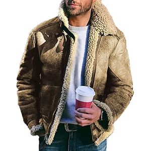 BEDSETS Heren staande kraag lederen jas vintage winter lederen pilotenjack vliegende pilotenjas met grote maten zakken, kaki, 4XL