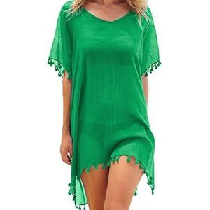 Chiffon Strandkleding Vrouwen Strand Bikini Cover Up Kwastje Strand Jurk V-hals Badmode Zomer Casual Badpak, Groen, one size