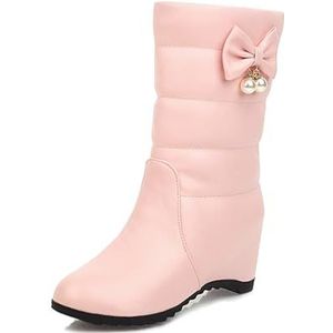 Herfst Winter Snowboots Met Strik + Parels Dames Enkellaarsjes Met Sleehak 2023 Nieuwe Warm Gevoerde Enkellaarsjes PU Leer Korte Laarzen Instappers Enkelschoenen for Outdoor, Feest (Color : Pink, Si