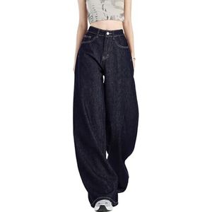 Dames Straight Wide Leg Jeans High Waisted Baggy Y2k Losse Casual Streetwear Trendy Broek Met Zakken,Dark blue,L