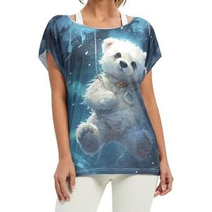 Space Blue Bear dames korte vleermuismouwen shirt ronde hals T-shirts losse tops voor meisjes, Patroon, M