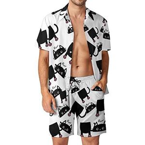 Grappige kat Hawaiiaanse bijpassende set 2-delige outfits button-down shirts en shorts voor strandvakantie