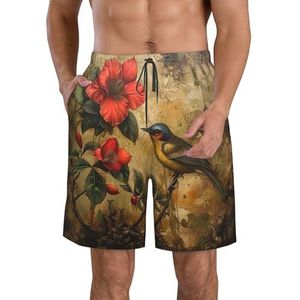 MGGAklp Bloemen en vogels kunst print heren casual shorts elastische taille trekkoord lichtgewicht outdoor zomer strand shorts, Wit, S