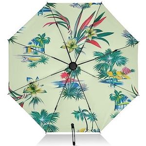 FRODOTGV Tropische palmboom beige reisparaplu draagbare omgekeerde reisparaplu voor regen zon 8 ribben grote winddichte UV-paraplu automatisch voor vrouwen