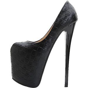 WOkismD Womens ronde teen platform pompen 7.5 inch stiletto hoge hakken PU lederen slip op gesloten teen pompen sexy stripper uitvoeren feestjurk schoenen plus maat 40-50, zwart, 47