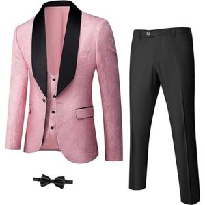 Heren 3-delige luxe smoking set jacquard slim fit sjaal revers jas vest en broek premium smoking voor mannen, roze, L