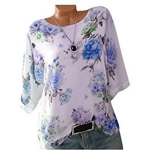 Kanpola Elegante blouse dames bloemen bedrukte T-shirts oversize V-hals korte mouwen tuniek ronde hals casual zomer tops, blauw, 46