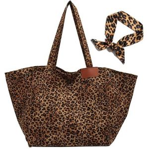 JEKAVA Luipaardprint draagtas canvas handtas dames schoudertas grote schoudertas persoonlijkheden elegante handtas mode dames handtas, Bruin, 60 x 19 x 34 cm