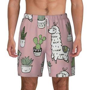YJxoZH Alpaca en cactus print heren zwembroek board shorts surfen rekbare strandshorts, sneldrogende zwemshorts, Wit, XXL