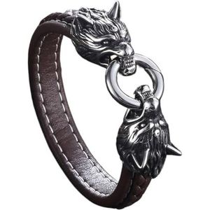 Viking Wolf Lederen Armband Voor Mannen - RVS Dubbele Wolf Heads Lederen Gevlochten Polsband - Nordic Vintage Lederen Koord Wrap Manchet Bangle Animal Amulet Sieraden (Color : Brown_175MM)