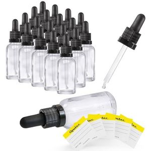 Oputec 20 x 30 ml pipetfles van helder glas met glazen pipet + 20 etiketten, apothekersfles voor aromatherapie, etherische oliën, cosmetica, druppelfles voor farmaceutische toepassingen en