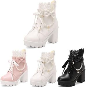 Japanse Enkellaarsjes Met Strikken Dames Veterlaarzen Met Parelketting Lolita Cosplay Ankle Boots PU Leren Laarsjes Met Blokhak 9 Cm Plateau Hoge Hakken For Feestjes(White,43 EU)