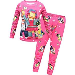Temolie Roblox Pyjama Set voor Jongens Kinderen Lange Mouw Game Nachtkleding Meisjes Roze Tops en Broek, Rosé, 9-10 jaar