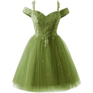 YIANN Sprankelende pailletten tule thuiskomst jurken voor tieners kant applicatie koude schouder cocktail party jurk, Olijfgroen, 32