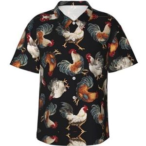 ERSDWRE Franse hanen print heren korte mouwen button-down shirts casual zomer strand shirts Hawaii shirt voor mannen, Zwart, S