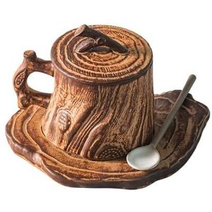 SHuuL Koffie Geschenken Originele Houten Textuur Keramische Koffie Mok met Handvat en Deksel, Ontbijtbeker, Creatieve Mokken, Gepersonaliseerde Geschenken voor Vrienden Mok