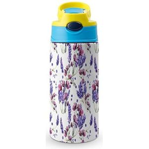 Aquarel Lavendel Bloemen 12oz Water Fles met Stro, Koffie Tumbler Water Cup Rvs Reizen Mok Voor Vrouwen Mannen Blauwe Stijl