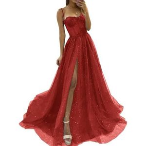 YIANN Glitter Tule Galajurken voor Tieners met Split Kant Applique Spaghetti Band Formele Avond Baljurk, Rood, 56 NL/Plus