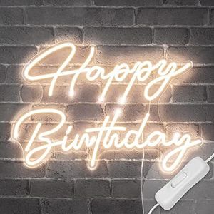 Neon led Happy Birthday 58 cm – neonwandlamp, warmwit op netvoeding, neonlamp met aan/uit-schakelaar voor verjaardagsdecoratie