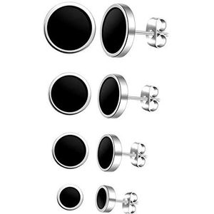 4 paar klassieke ronde oorstekers, roestvrij staal, zwart, 6 mm, 8 mm, 10 mm, 12 mm, voor dames en heren, Eamel, email
