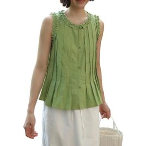 CakfLjkhl Womens Zomer Tank Tops Katoen En Linnen Mouwloos Geplooide Ruffle Button Down Casual Vakantie Vest,Groen,L
