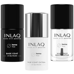 INLAQ® HEMA Free Top Coat Extra + Base Coat + Nail Prep Dehydrator | 7ml Nail Prep, 6ml Top Coat en 6ml Base Coat Set, 3 Stuks, Complete Set voor Hybride lakken