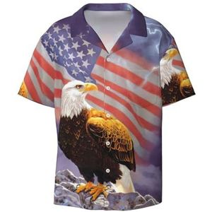 Adelaar met Amerikaanse vlag print herenoverhemden atletisch slim fit korte mouw casual zakelijk overhemd met knopen, Zwart, XL