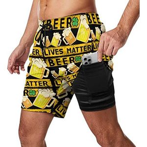 Beer Lives Matter Zwembroek voor heren, sneldrogend, 2-in-1, strandsportshorts met compressieliner en zak