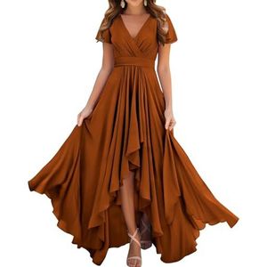 Prinses Bruidsmeisjes Jurken Flutter Mouw Galajurken Chiffon Formele Avondfeest Maxi Jurk met Split ZM209, Verbrand Oranje, 32