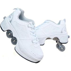 ZZ Rolschoenen voor kinderen, schoenen met automatisch intrekbare wieltjes, technische skateschoen, voor buiten, sport, gym, fitness, uniseks, wit, EU 40