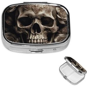 Pillendoosje 2 compartimenten pillendoos draagbare metalen pillenorganizer schattige reispillencontainer lederen roos schedel vitamine organizer voor portemonnee zak reizen cadeau