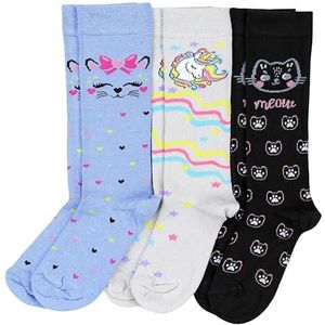 TupTam Meisjes Kniekousen Sokken met Patroon 3-Pack, 3-pack Eenhoorn Grijs/Kat Blauw/Kat Zwart, 31-34