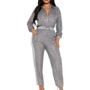 LoprNsdgt Glinsterende Stijlvolle Jumpsuit Voor Dames Met Revers, Rits, Trekkoord, Casual Lange Broeken Romper Voor De Herfst,Grijs,L