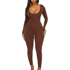 Rongseng Jumpsuit dames lange mouwen ronde hals sport jumpsuit lang strak stretch eendelig bodycon yoga bodysuit overall naadloos One Piece Workout Playsuits Sportpak Trainingspak Club Outfit, bruin,