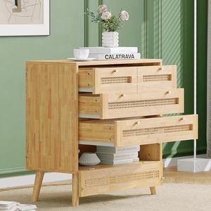 Klassieke commode, kast met 3 laden, met rotan ladeplaat, met onderste flip-topdeksel, met goudkleurige metalen handgreep en houten poten, opbergruimte in de woonkamer en slaapkamer, spaanplaat