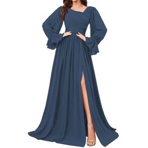 HPPEE Bruidsmeisjesjurken met lange mouwen en split geplooide chiffon formele avondjurk feestjurk, Donkerblauw, 32