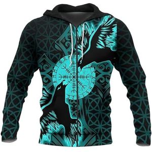 Celtic Raven Vegvisir Tattoo Hoodie, Noordse Mythologie 3D Rune Print Paar Punk Straat Nieuwigheid Sweatshirt, Middeleeuws Pagan Jack met Lange Mouwen en Trekkoord(Color:Zip Hoodie,Size:XXL)