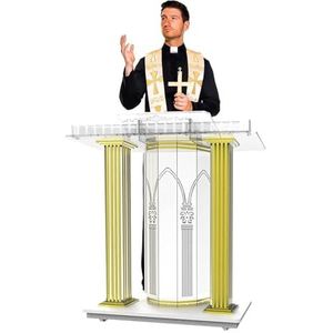 Acryl helder luciet kerk preekstoel lessenaar Speech PodiumRollend vloerpodium met wielen, luxe gouden leestafel Geïmporteerd draagbaar scrollend kerkkantoor bruiloft hotel, helder