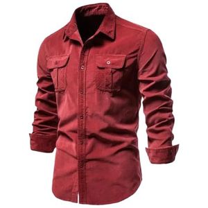 Heren lange mouwen effen denim overhemd heren straat casual overhemd jas, Rood, L