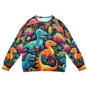 KAAVIYO Kleurrijke dinosaurussen magenta zacht sweatshirt met lange mouwen voor kinderen, trui met ronde hals, overhemden voor jongens en meisjes, Patroon, L