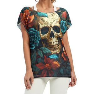 Rose Skull Art korte vleermuismouwen shirt ronde hals T-shirts losse tops voor meisjes, Patroon, XL