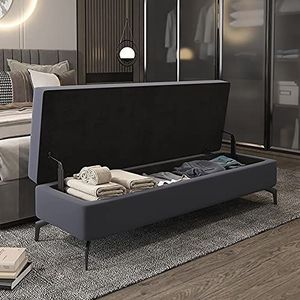 XLDZ Lederen bedbank met lift-top opslag, multifunctionele voetsteun & decoratief bont accent (grijs-blauw, 80x45x45cm (31x18x18inch))